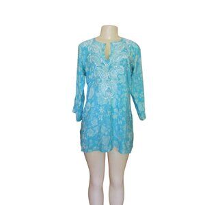 Amaya Blue w White Roses Silk Crepe Tunic Blouse Size Small